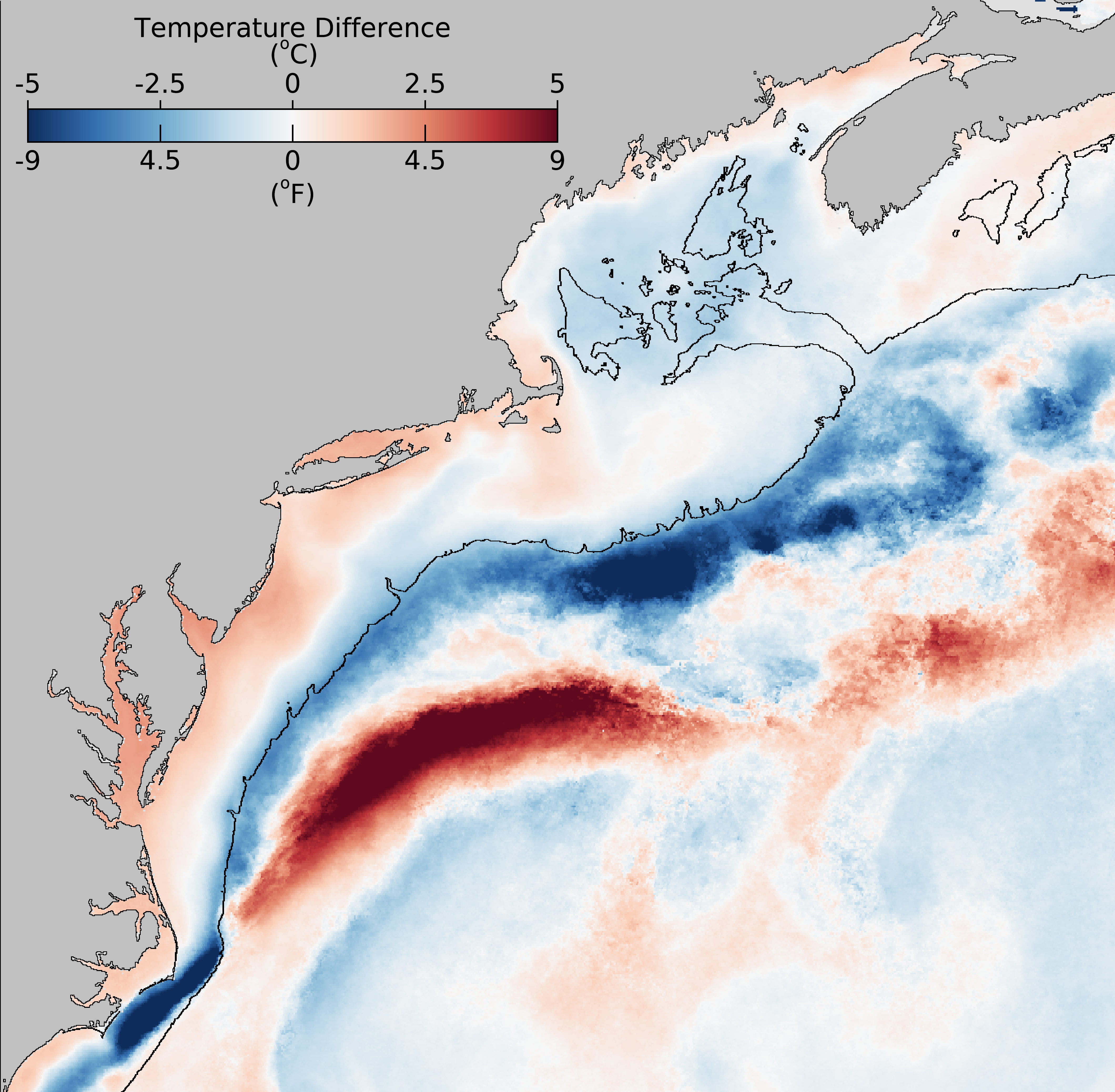 February 2024 sea surface temperature difference compared to the February 2000-2020 long-term mean from the NOAA Advanced Clear-Sky Processor for Ocean (ACSPO) Super-collated SST.