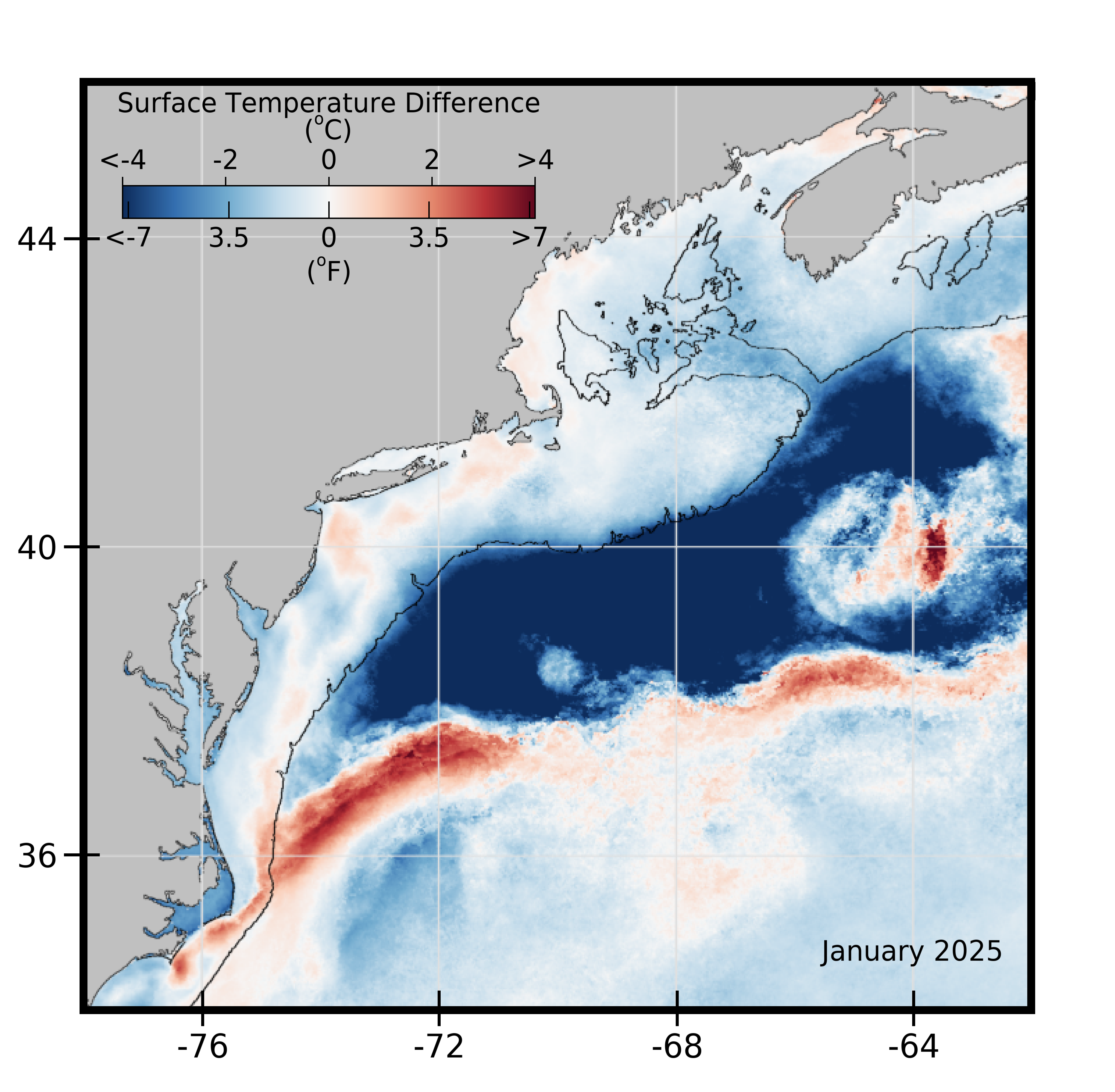 February 2024 sea surface temperature difference compared to the February 2000-2020 long-term mean from the NOAA Advanced Clear-Sky Processor for Ocean (ACSPO) Super-collated SST.